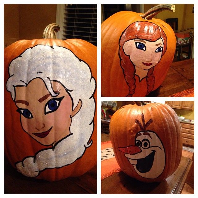 two pumpkins with faces painted on them, one has an image of princess aurora and the other is snow white