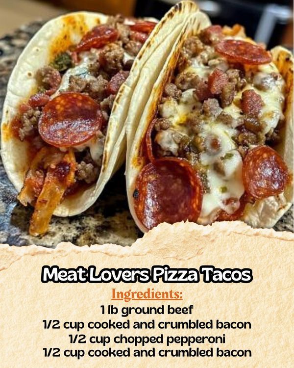 two tacos with meat, cheese and pepperoni sitting on top of a counter