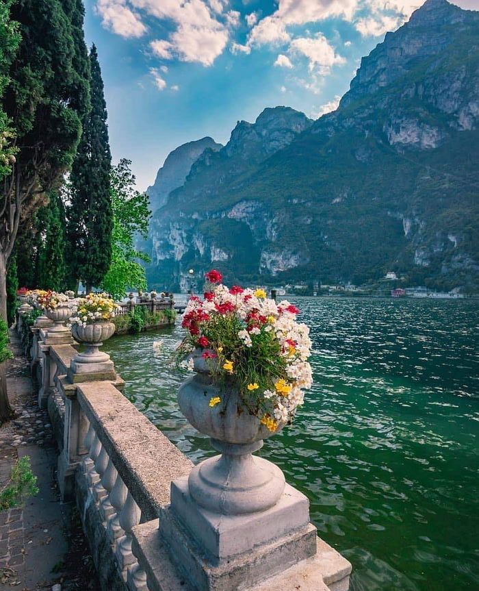 flowers are placed in urns along the water's edge