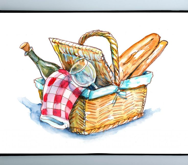 a watercolor and ink drawing of a picnic basket filled with bread, wine, and cheese