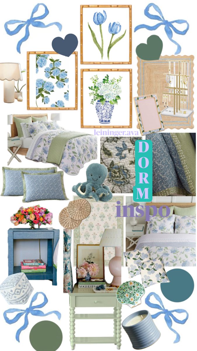 DORM INSPO; green & blue Dorm Inspo Green, Blue And Green Dorm Room, Green Blue Room, Blue Green Room, Green Dorm Room, Green Room Ideas, Blue Green Rooms, College Dorm Inspo, Blue Dorm