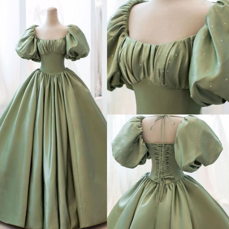 Green Long Prom Dress, Old Fashion Dresses, Pretty Prom Dresses, Fairytale Dress, Vestidos Vintage, Fantasy Dress, Puffy Sleeves, Dress Formal, Long Prom Dress