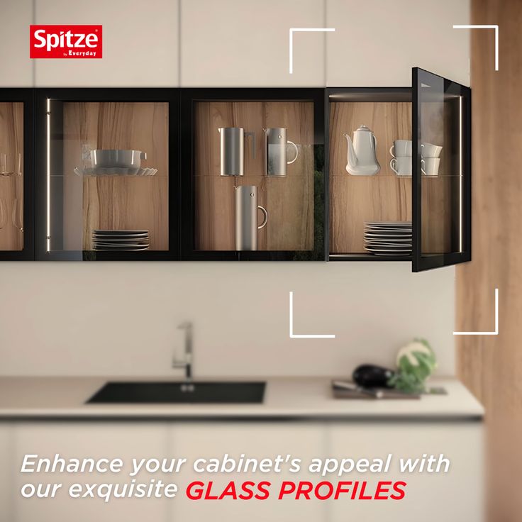 an advertisement for glass profiles on the side of a kitchen counter with coffee cups and saucers