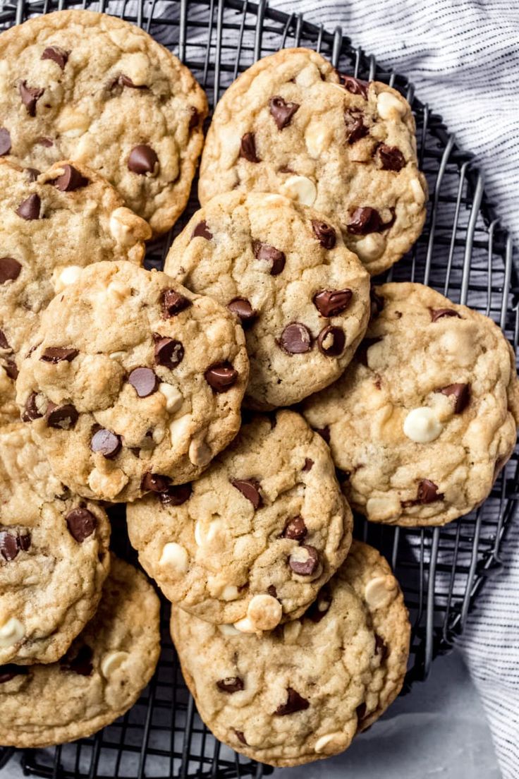 chocolate chip cookies on a cooling rack ready to be eaten for breakfast or desserts