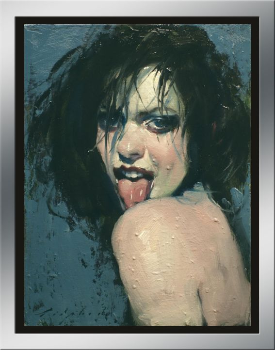 a painting of a woman with black hair and makeup, sticking out her tongue to the side