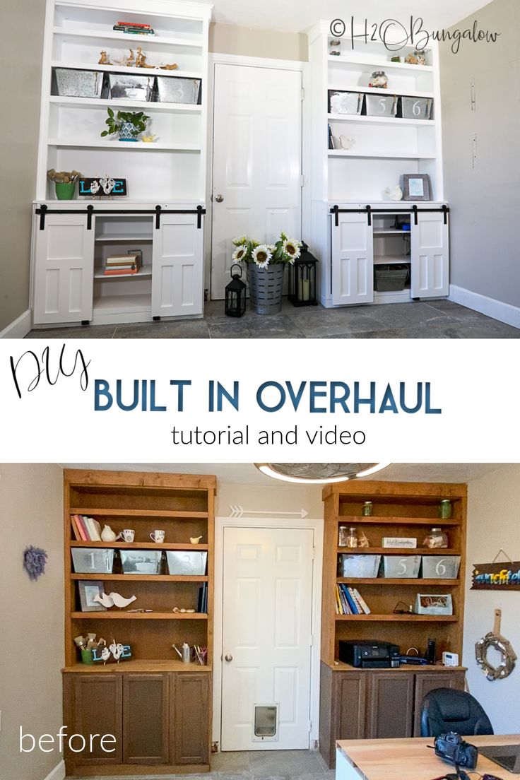 the before and after pictures of built in bookcases with doors open to reveal an office