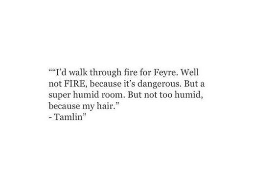 an image of a quote on fire with the caption i'd walk through fire for feyre well not fire, because it's dangerous but a super humid room