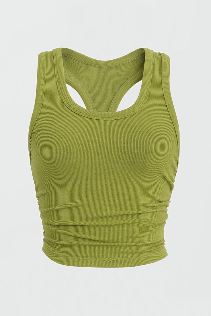 Dom Racerback Tank - Moss – Riot Swim Sports Ribbed Scoop Neck Tank Top, Sports Ribbed Tank Top With Scoop Neck, Sporty Ribbed Tank Top With Scoop Neck, Sporty Ribbed Scoop Neck Tank Top, Ribbed Scoop Neck Tank Top For Sports, High Stretch Ribbed Tank Top For Everyday, Everyday High Stretch Ribbed Tank Top, Solid Ribbed Racerback Activewear, Green Stretch Basic Tank Top