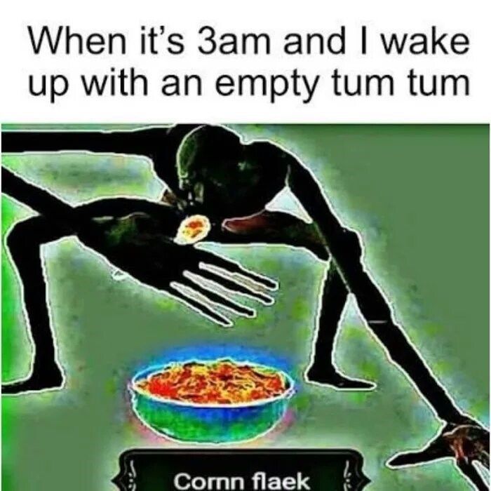 an advertisement for corn flakes with the caption'when it's 3am and i wake up with an empty tum tum tum