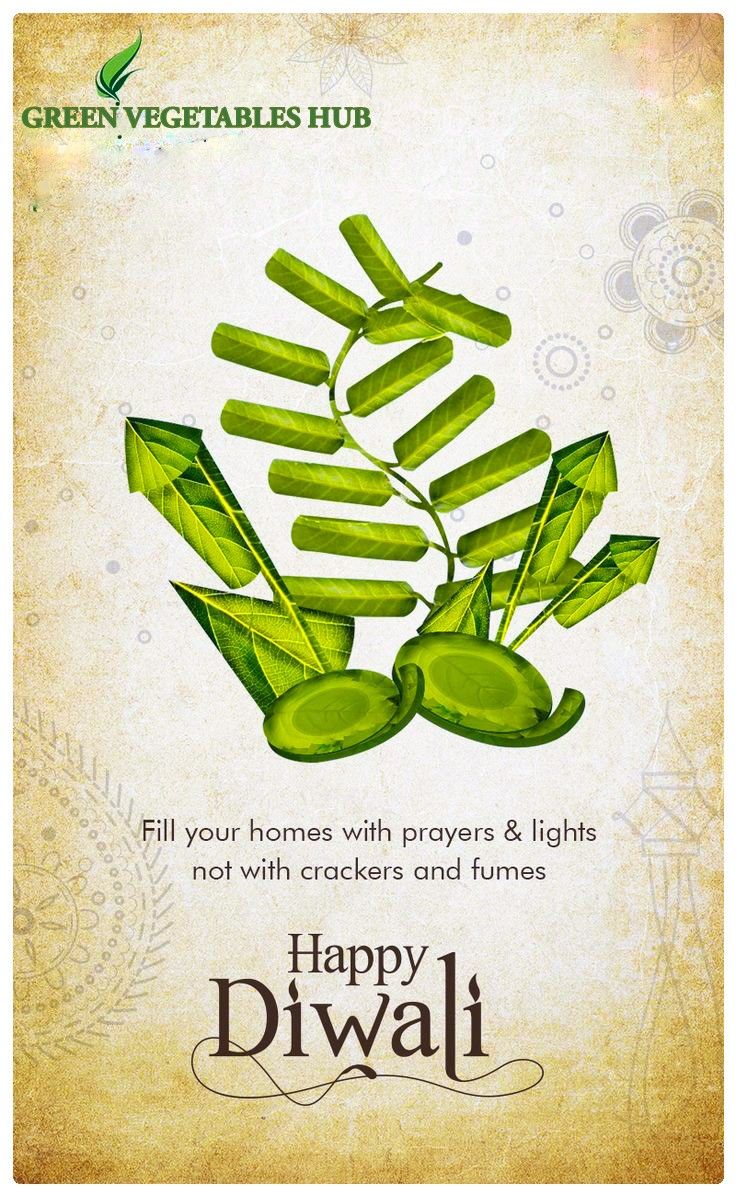 happy diwali greeting card with green leaves