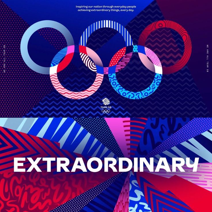 an advertisement for the olympics is shown in blue, red and pink colors with geometric shapes