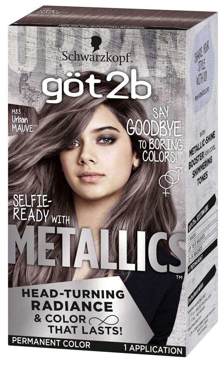 Schwarzkopf Got2b Metallics Permanent Hair Color, M83 Urban Mauve Features For a multi-dimensional metallic look. Head-turning radiance and anti-fading effect for permanent hair dye that lasts. Formulated with metallicshine booster for cool, shimmering tones. In the box: 1 tube color cream, 1 application bottle with developer lotion, 1 tube color after treatment, 1 pair of gloves, and 1 instruction leaflet. If your hair is longer than shoulder length, we recommend using 2 boxes of got2b Metallic Got2b Metallics, Metallic Hair Color, Schwarzkopf Hair Color, Schwarzkopf Got2b, Permanent Hair Dye, Metallic Look, Hair Color For Women, Hair Color Blue, Brown Blonde Hair