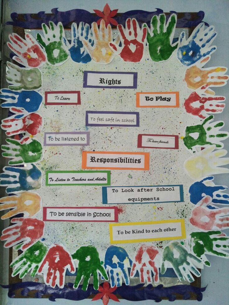 a bulletin board with handprints on it and words written in different languages that spell out the word rights