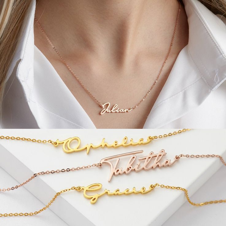 "Stylish dainty with a personalized feel, this necklace is a perfect jewelry for everyday and every outfit. ► PERSONALIZED NAME NECKLACE - SCRIPT FONT * Character limits: 9 characters * We don't recommend having all the letters of your name in uppercase with this font. ► HOW TO ORDER & ADD PERSONALIZATION - Select your preferred color and necklace length from the menu. - Include in the \"Add your personalization\" box the name for your personalization. - Add the item to cart and check out. - Memorial Christmas Gift, Christmas Gift Daughter, Handwriting Bracelet, Signature Bracelet, Daughter Christmas, Name Necklaces, Custom Christmas Gifts, Nameplate Necklace, Mom Jewelry