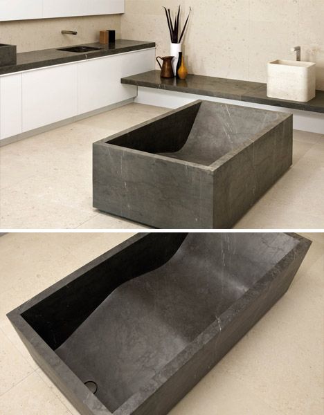 two pictures of a concrete sink in the middle of a kitchen