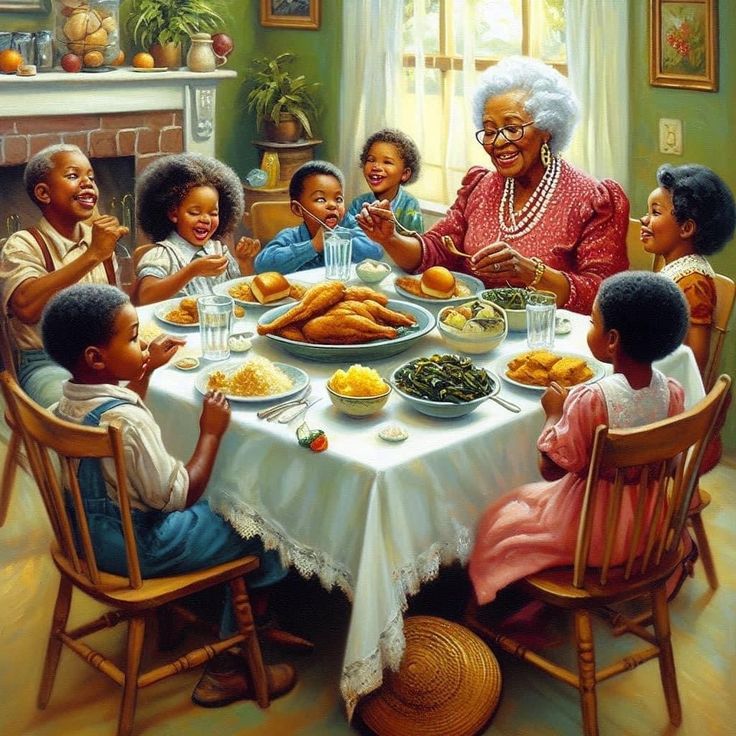 a painting of an elderly woman sitting at a dinner table with her children and family