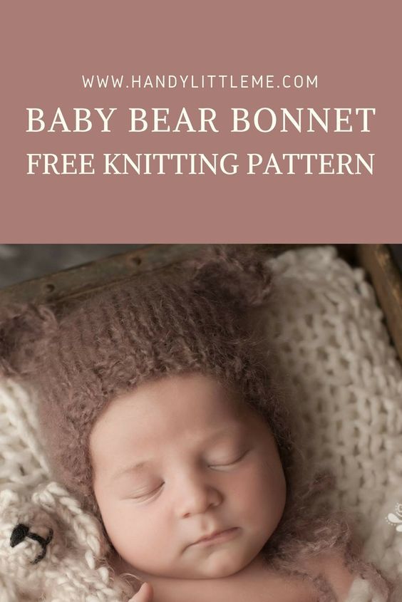 a baby sleeping on top of a blanket next to a teddy bear with text overlay that reads, baby bear bonnet free knitting pattern