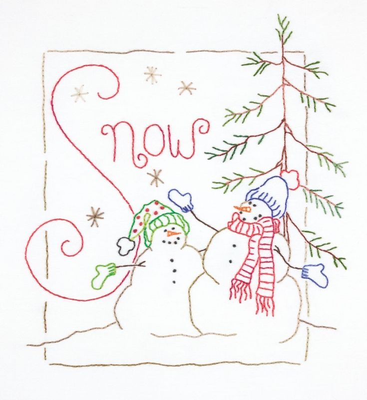 two snowmen in front of a christmas tree with the word now written on it