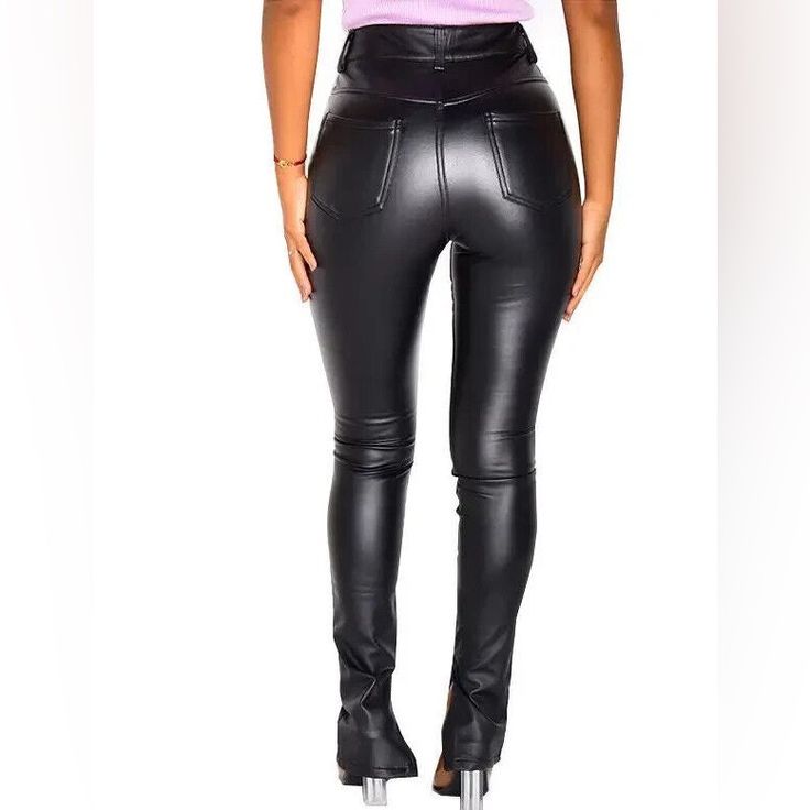 Elevate Your Fashion Game With These Sleek Black Vegan Leather Pants. The Flared Leg Style Adds A Touch Of Vintage Glamour, While The Ankle Length Keeps It Modern. Perfect For Any Occasion, These Pants Are Made Of High-Quality Materials That Ensure Comfort And Durability. The Supple Leather Material And The Black Color Create A Timeless Look That Never Goes Out . Chic Non-stretch Leather Pants With Pockets, High Waist Stretch Leather Pants With Pockets, Fitted High Waist Leather Pants With Pockets, Black Trendy High Waist Leather Pants, Chic Non-stretch Leather Pants, Black Non-stretch Leather Pants For Night Out, Non-stretch Black Leather Pants For Night Out, Chic High Waist Non-stretch Leather Pants, Chic Non-stretch High Waist Leather Pants