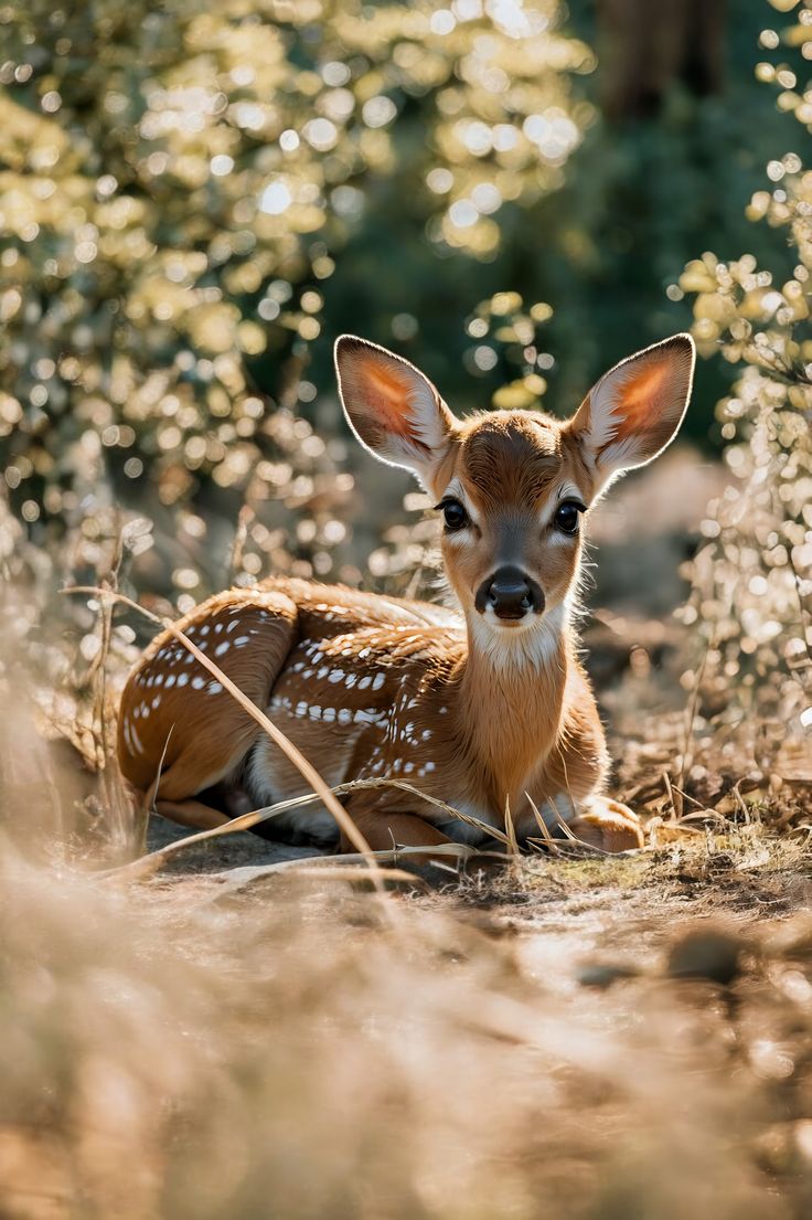 a small deer laying down in the grass