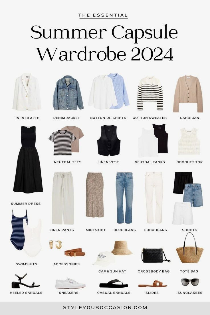 If you are looking for inspiration for women’s summer outfits, this minimal and light summer capsule wardrobe for 2024 is for you. This soft, cool, and casual summer capsule wardrobe will take you from day to night. Summer outfits 2024 trends, European summer capsule wardrobe, wardrobe basics summer, summer travel wardrobe European Summer Outfits Vacation, Summer Wardrobe 2024, Summer 2024 Outfits Trends, Summer Capsule Wardrobe 2024, Light Summer Capsule Wardrobe, 10 Day Travel Wardrobe Summer, Summer Capsule Wardrobe 2022, Capsule Wardrobe List, Travel Capsule Wardrobe Summer