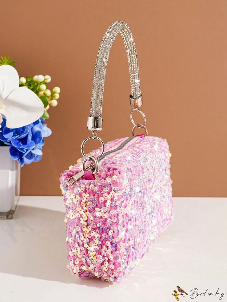 BirdinBag - Glamorous Sequin Mini Square Bag Pink Rectangular Bag With Single Handle, Pink Rectangular Shoulder Bag With Single Handle, Fashion Accessory Bag With Detachable Handle, Multicolor Party Bag, Multicolor Party Bags With Handles, Multicolor Party Bags, Party Shoulder Box Bag With Detachable Strap, Handheld Bag With Detachable Handle, Handheld Bag With Detachable Handle As Fashion Accessory