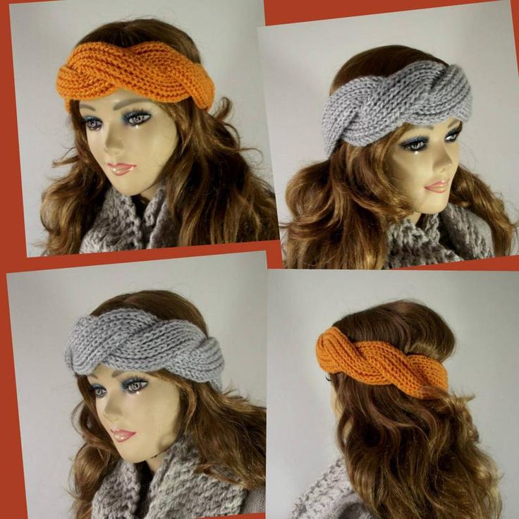 four pictures of a woman's head wearing a knitted headband with an orange knot