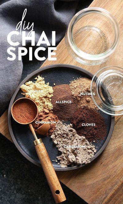 a plate with spices and seasonings on it next to a glass bowl filled with powder