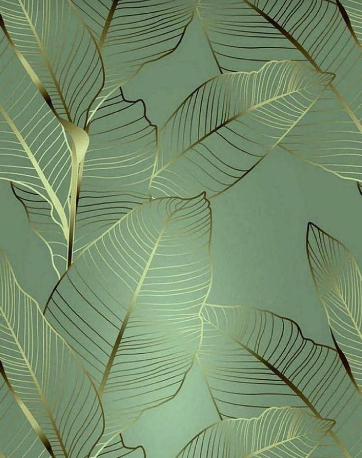 a green and gold wallpaper with leaves on it