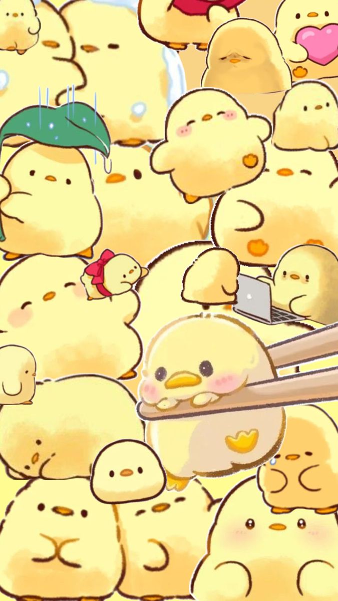 a bunch of little yellow chicks are standing in front of each other and one is holding a baseball bat