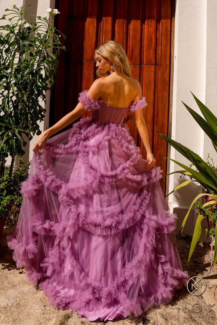 Make a statement in the Nox Anabel Y1472 Long A-Line Formal Evening Prom Dress! With an elegant off-shoulder neckline, this gown exudes timeless sophistication for any special occasion.   Length : Full Length Sleeve Style : Off Shoulder Color : Dusty Lavender Sizes : 4, 6, 8, 10, 12, 14, 16 Occasion : Prom Dresses, Formal Dresses Designer : Nox Anabel Style : NXY1472 Whimsical Dress Formal, Dramatic Ball Gowns, Lavender Formal Dress, Birthday Fit, Ball Gown Prom Dress, Sheer Corset, Dusty Lavender, Birthday Babe, Off Shoulder Gown