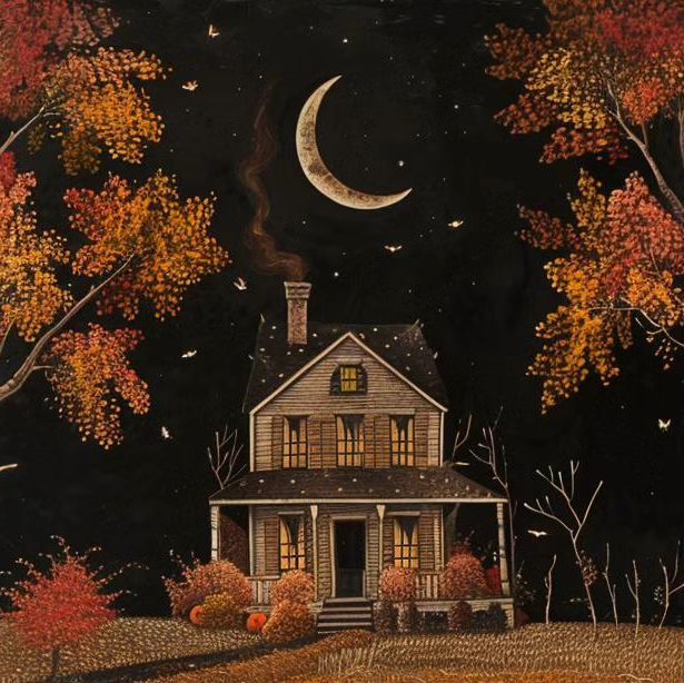 a painting of a house in the woods with trees and leaves on it's ground