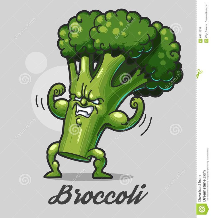 broccoli cartoon character with the word broccoli