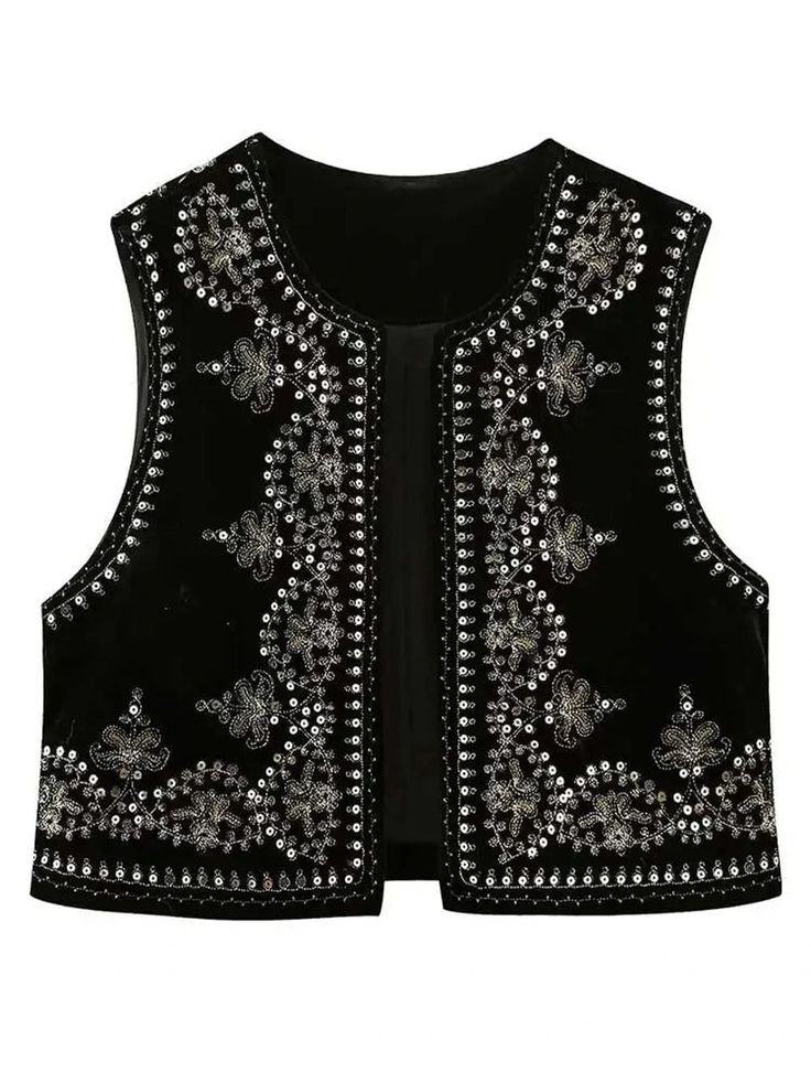 Sequined Floral Vest Top for Women Velvet Vest, Floral Vests, Sale Clothing, Short Vest, Shorts Fashion, Womenswear Fashion, Jumpsuit Outfit, Short Cardigan, Embroidered Cardigan