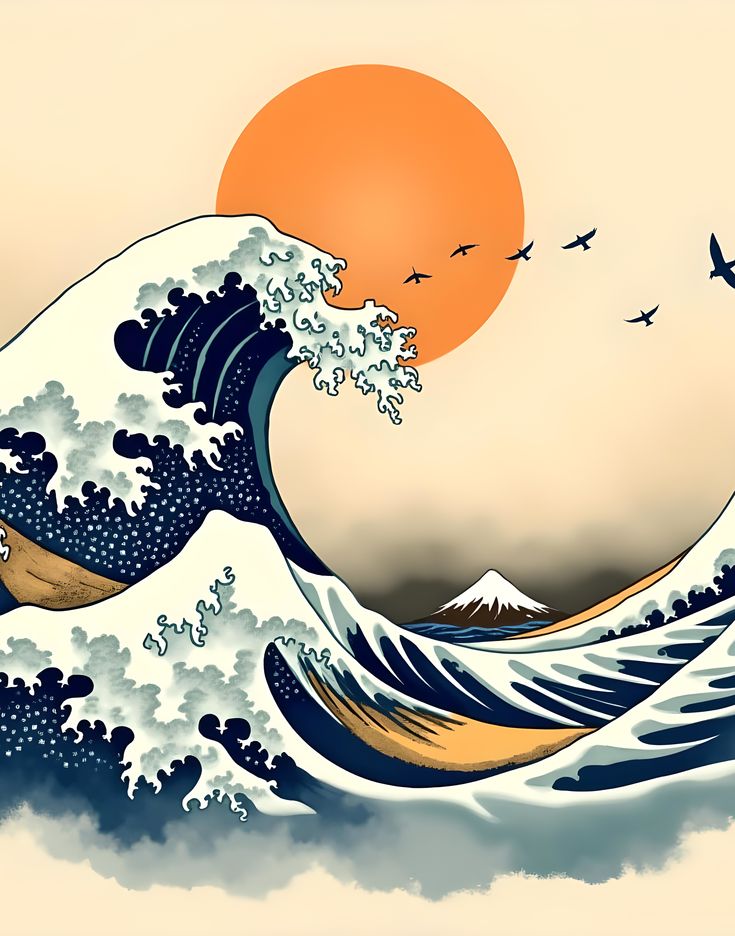 an image of the great wave with birds flying over it