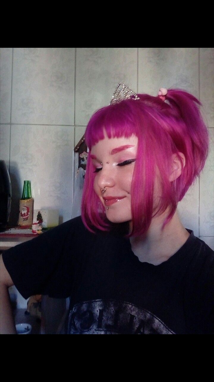 Pink hair egirl tattoo piercings body mod icon makeup Pink Hair Dark Eyebrows, Hot Pink Hair Makeup, Pink Hair Micro Bangs, Pink Hair Pink Eyebrows, Light Magenta Hair, Dark Hot Pink Hair, Pink Hair With Fringe, Pink Hair And Eyebrows, Two Toned Pink Hair