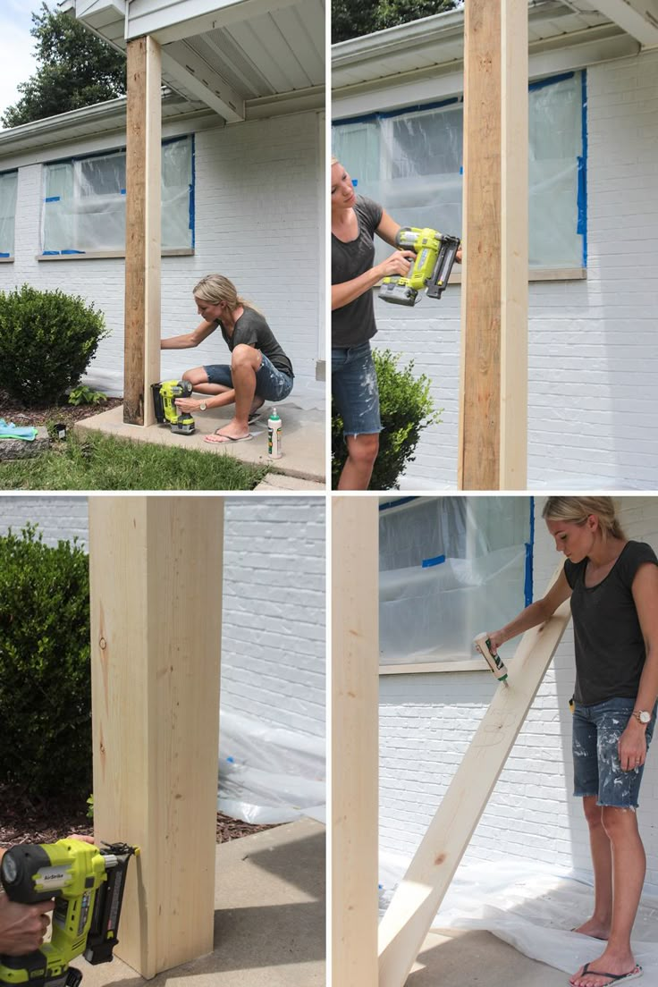 the woman is painting the outside of her house with paint rollers and a power drill