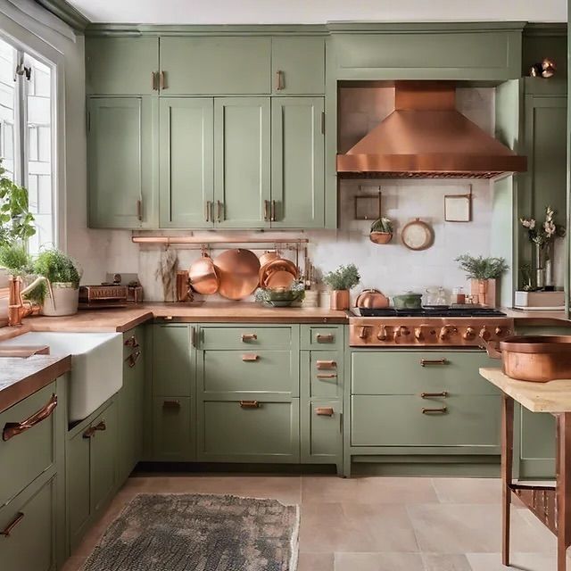 a kitchen with green cabinets and copper accessories