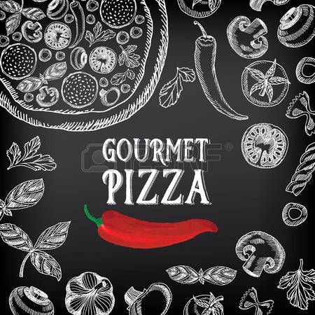 hand drawn gourmet pizza on the chalkboard