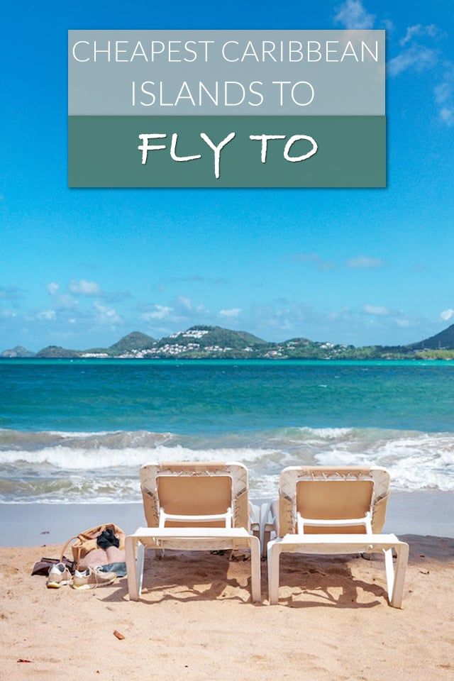 two beach chairs sitting on top of a sandy beach next to the ocean with text overlay reading cheapest caribbean islands to fly to