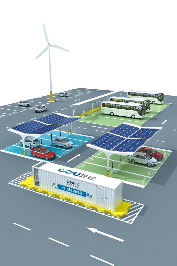 an artist's rendering of solar panels and cars in a parking lot with wind turbines