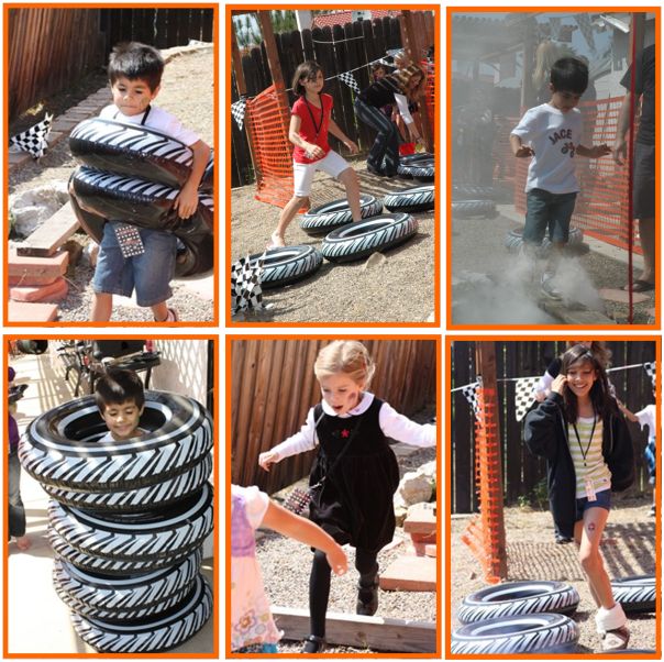 a collage of photos showing children playing with tires