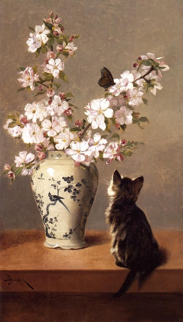 a painting of a cat sitting next to a vase with flowers in it and a butterfly on the ledge