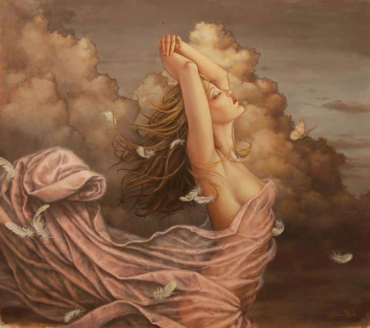 a painting of a woman laying on the ground with her arms up in the air