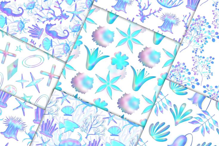 blue and white patterns with flowers, plants and other things in them on a white background