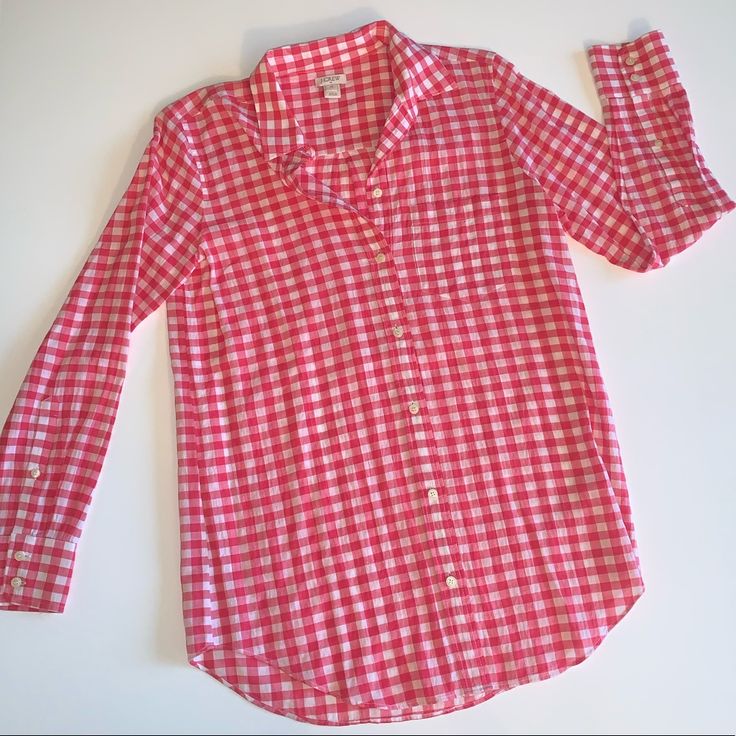 This Has Never Been Worn, Though The Tags Have Been Removed. It's A Pink/Red Gingham (More Pink Than Red) Casual Gingham Shirt For Daywear, Casual Gingham Blouse With Button Closure, Gingham Buttoned Tops For Spring, Casual Gingham Blouse For Daywear, Casual Gingham Tops With Buttons, Spring Plaid Shirt With Placket, Summer Plaid Tops With Placket, Gingham Tops With Button Closure And Relaxed Fit, Casual Gingham Top With Button Closure