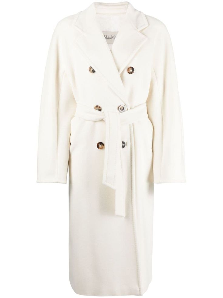 white virgin wool-cashmere blend notched lapels double-breasted button fastening detachable waist belt long sleeves two side inset pockets full lining calf-length straight hem Maxmara White Coat, White Outerwear With Belted Cuffs For Spring, Luxury Cream Outerwear With Double Button Closure, Cream Double-breasted Outerwear For Business, Elegant Cream Outerwear With Belted Cuffs, Luxury Cream Double-breasted Outerwear, Classic White Double-breasted Outerwear, White Belted Winter Outerwear, White Long Wool Coat For Formal Occasions