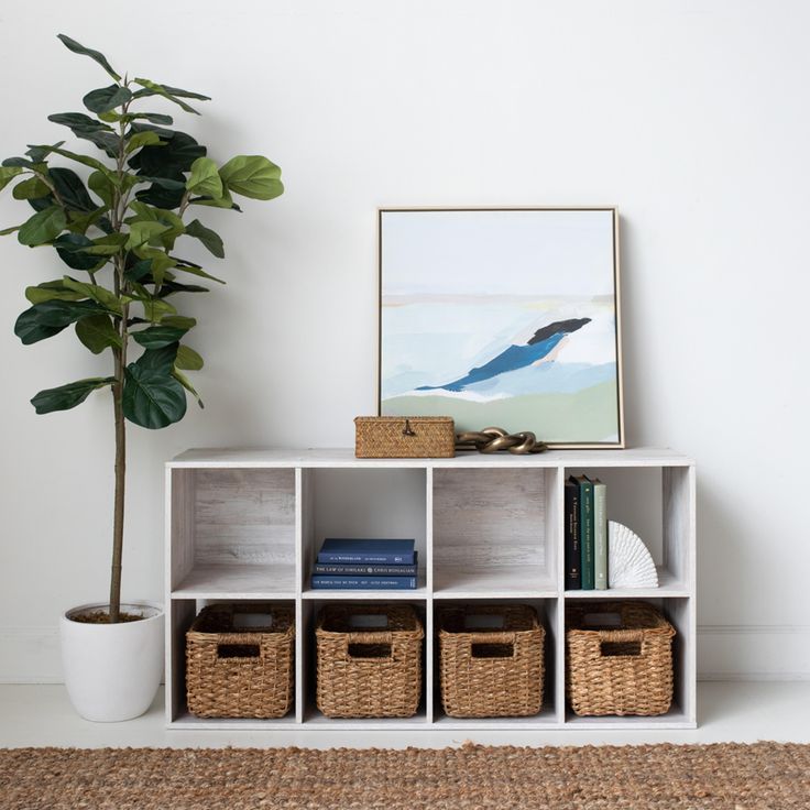 a white shelf with baskets and books on it next to a potted plant in the corner