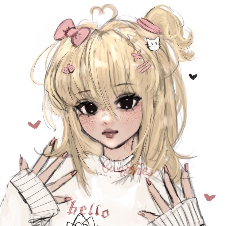 a drawing of a girl with long blonde hair and bows on her head, holding her hands in front of her face