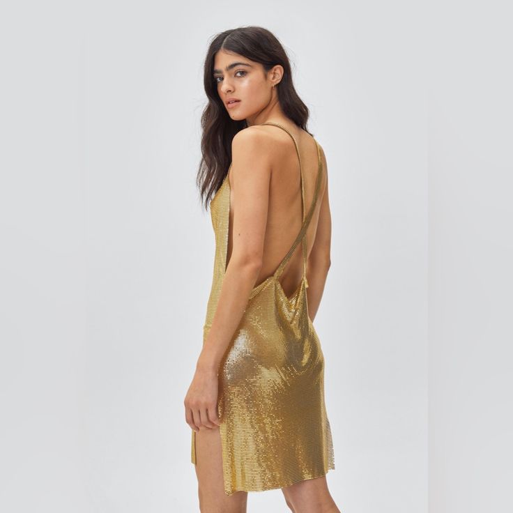 Nasty Gal Chainmail Cowl Neck Relaxed Mini Dress In Gold New With Tags Large Know Your Size In Nasty Gal The Brand Runs Super Small Dress Is Brand New Price Is Firm, Not Negotiable B2 Spaghetti Strap Dresses With Chain Strap For Night Out, Gold Backless Dress For Evening, Chic Gold Sequin Summer Dress, Chic Gold Sequin Dress For Summer, Summer Chainmail Dress, Glamorous Evening Dresses With Chainmail, Elegant Chainmail Dress For Night Out, Glamorous Backless Dress With Chain Strap, Gold Mini Dress With Sequins And Spaghetti Straps